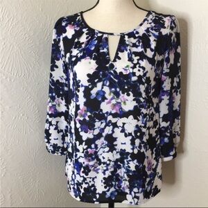 Express Blue and White 3/4 Sleeve Cut Out Blouse